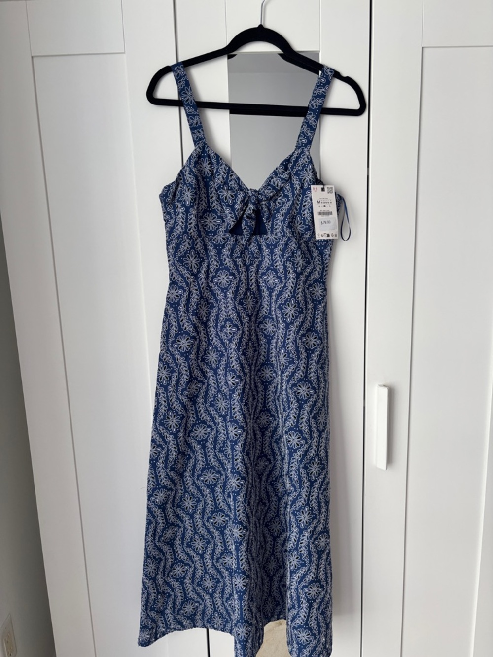 Zara Blue and White Printed Midi Dress with Front Tie